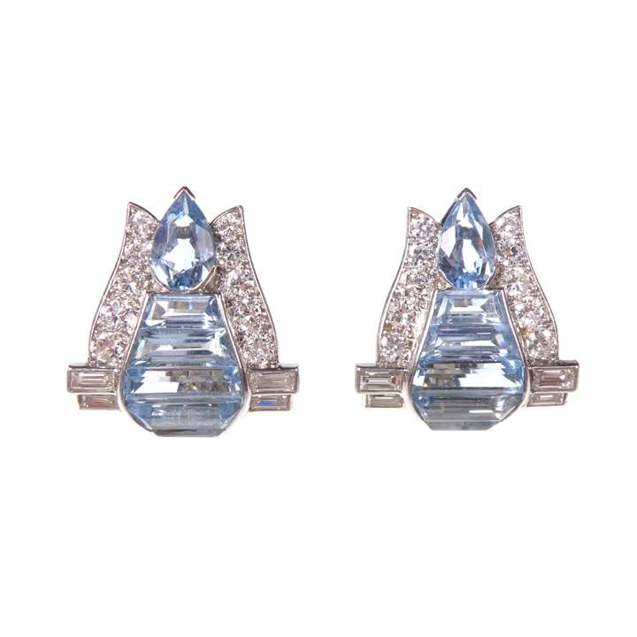 Pair of Art Deco geometric aquamarine and diamond cluster earrings
